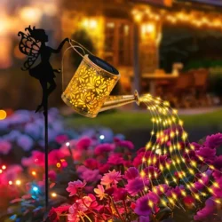 Solar LED Garden Light – Retro Watering Can Style with Fairy String Lights | Angel Carving Decoration